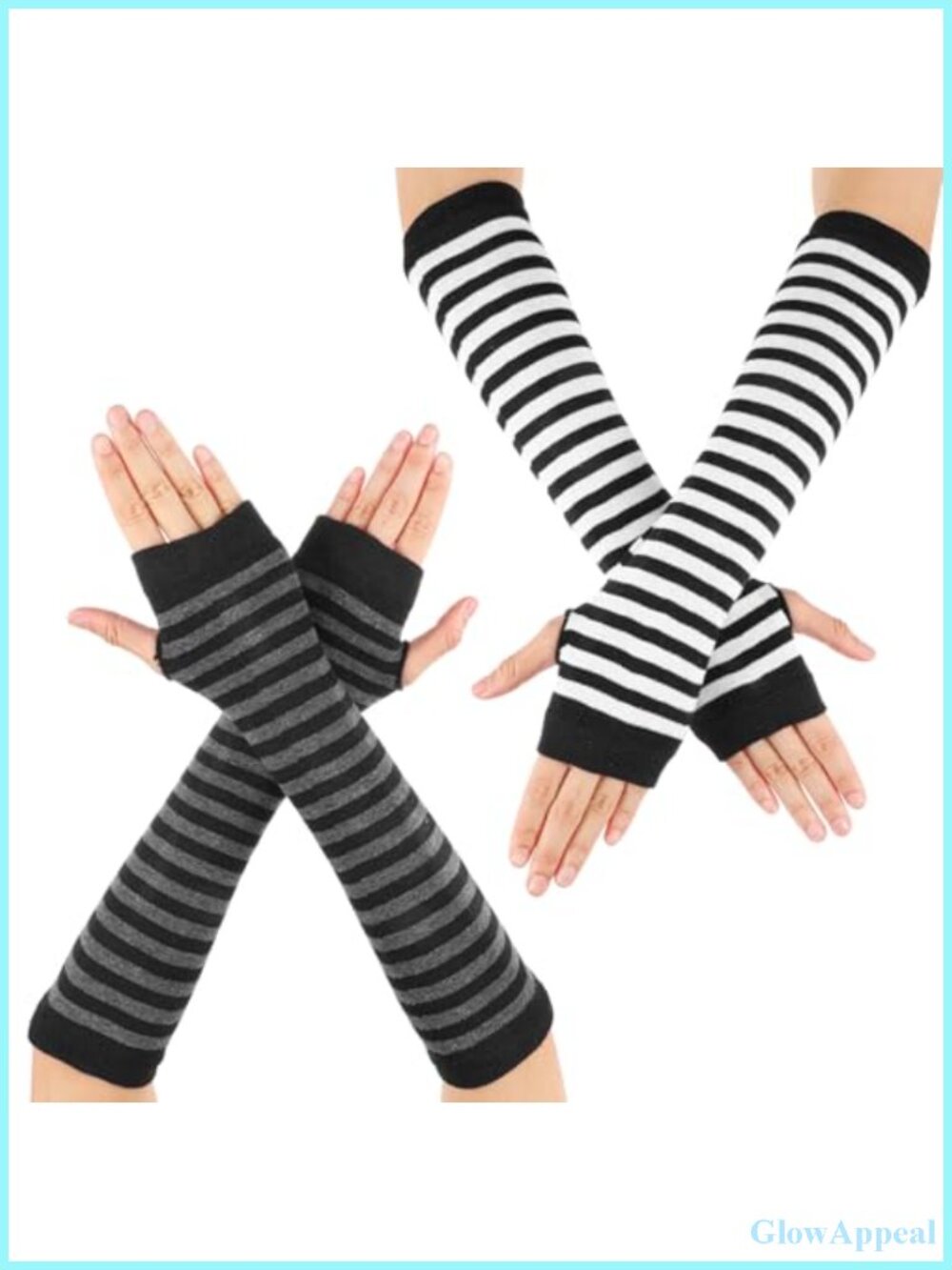 2 Pairs Striped Arm Warmers Fingerless Gothic Gloves with Thumb Hole